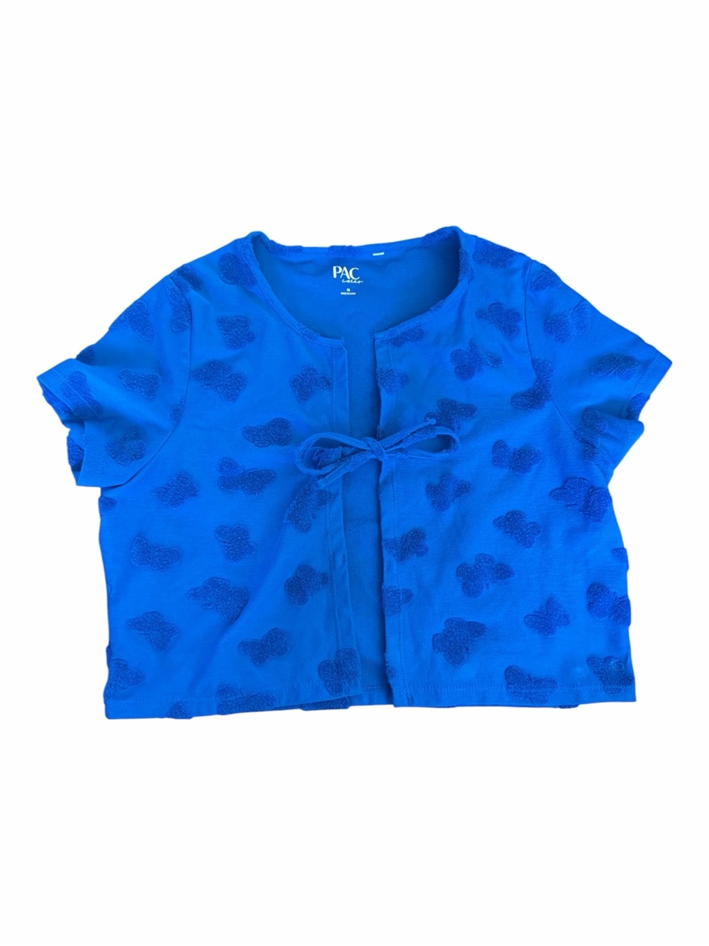 Women’s Blue Babydoll Cropped Butterfly Tie-Front Whimsical Fun Top M